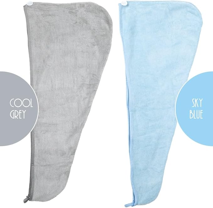 ForPro Professional Collection Premium Microfiber Hair Towel Wrap, 2-Pack Quick Drying Hair Turban for Women, 10" x 26", Cool Grey + Sky Blue