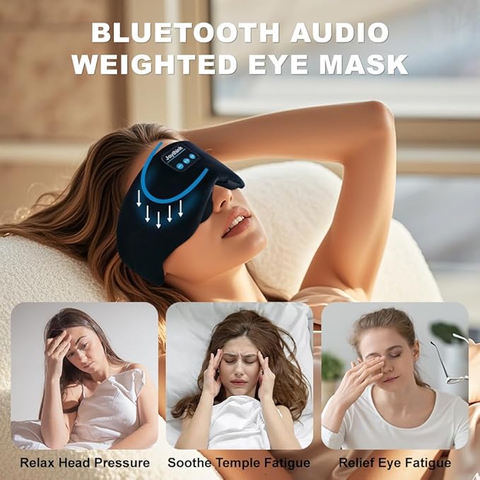 Joythink Weighted Eye Masks Bluetooth Sleep Mask Headphones Silk Wireless Bluetooth Headband for Side Sleepers Blackout for Airplane Travel Men Women Black