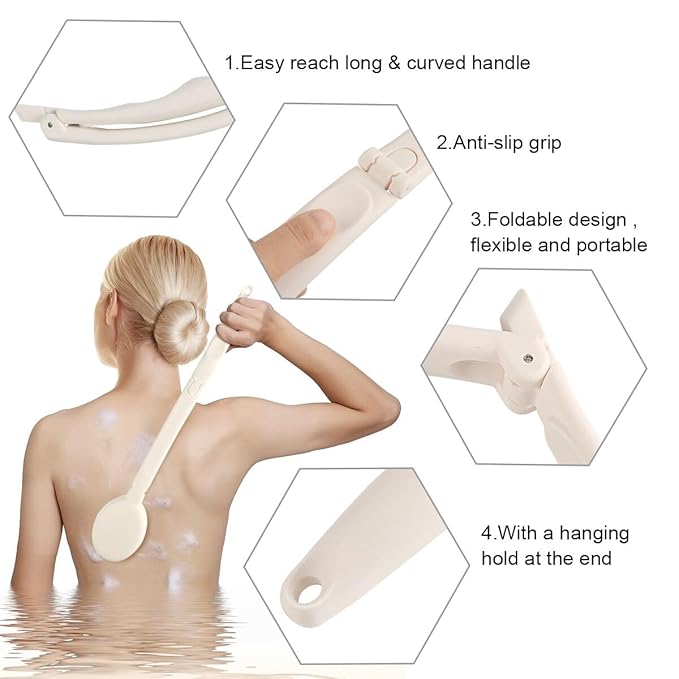 LFJ 19" Long Handle Shower Sponge Brush Set, 3 in 1 Body Brush, Bath Sponge and Lotion Applicator Improved Skin Health, Suitable for Men and Women (White Brush with pumice-1P)