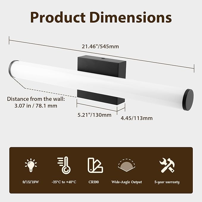 Bathroom Light Fixtures Over Mirror 22IN, 19W 5CCT Dimmable Modern Vanity Lights,Black Bar Vanity Light for Bathroom Mirror Restroom, Wall Light Fixtures Vanity Lighting