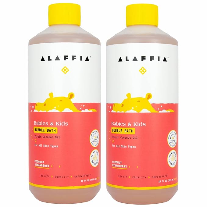 Alaffia Babies & Kids Bubble Bath, Coconut Strawberry 2-Pack – Gentle Tear-Free Formula for Sensitive Skin Care, Baby Essentials, 16 Fl Oz Ea
