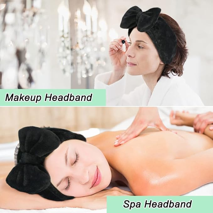 Shintop Spa Headband, Soft Carol Fleece Makeup Headband with Cute Bow Elastic Hairband for Washing Face Skincare Facial Mask Showers（Black）