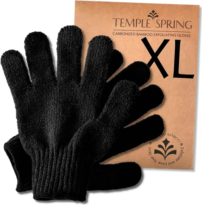 Temple Spring Exfoliating Gloves for Men & Larger Hands – Extra Large XL Textured Rayon Bamboo Shower Gloves with Thicker Weave for Deep Cleansing, Dead Skin Removal & Smooth Skin (1 Pair, Black)
