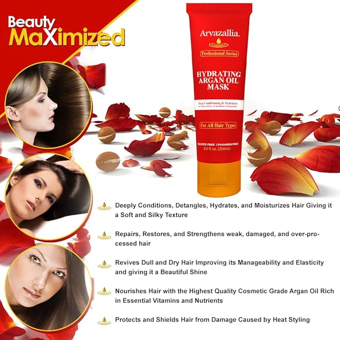 Arvazallia Hydrating Argan Oil Hair Mask and Deep Conditioner for Dry or Damaged Hair (8.5 oz Tube)