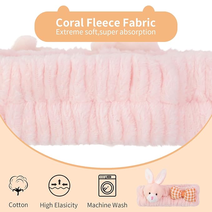 PERFECTSIGHT Kawaii Headband for Spa, Makeup, Washing Face, Party - 2 Pack Cute Hair Band for Shower Beauty Skincare, Soft Facial Headbands for Girls and Women (Purple+Pink Bunny)