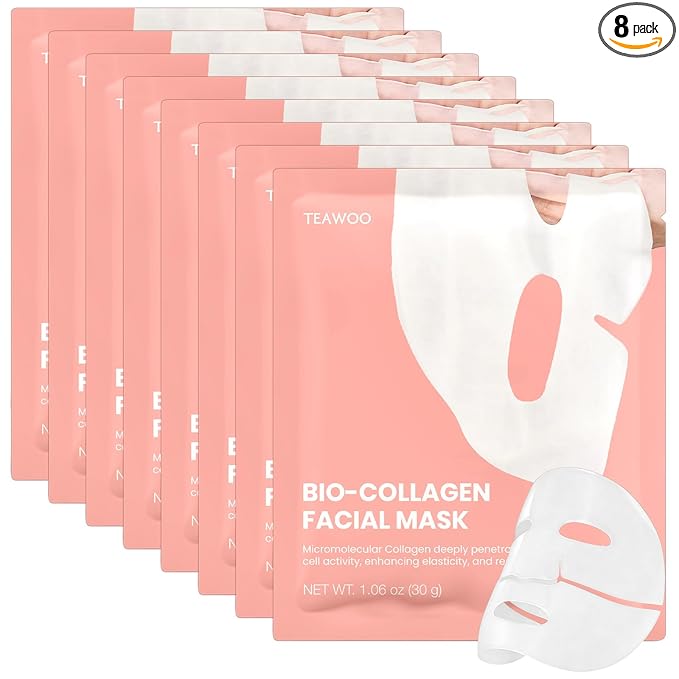TEAWOO Bio-Collagen Facial Mask 8 EA, Hydrating & Soothing Hydrogel Face Mask, Overnight Collagen Face Mask for Glass Skin & Elasticity, Korean Skin Care