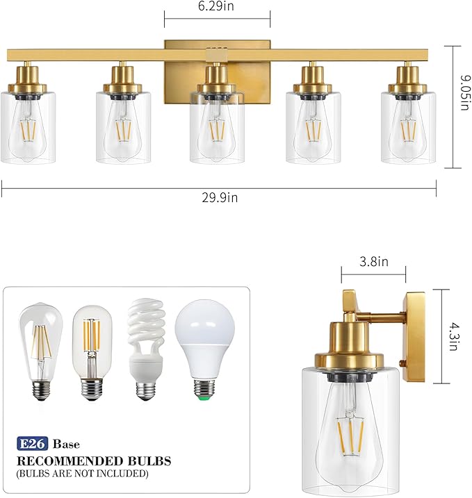 5 Light Gold Bathroom Vanity Light, Bathroom Light Fixtures, 31" Modern Brushed Gold Vanity Lighting Fixtures for Bathroom Over Mirror, Gold Sconces Wall Lighting for Bedroom