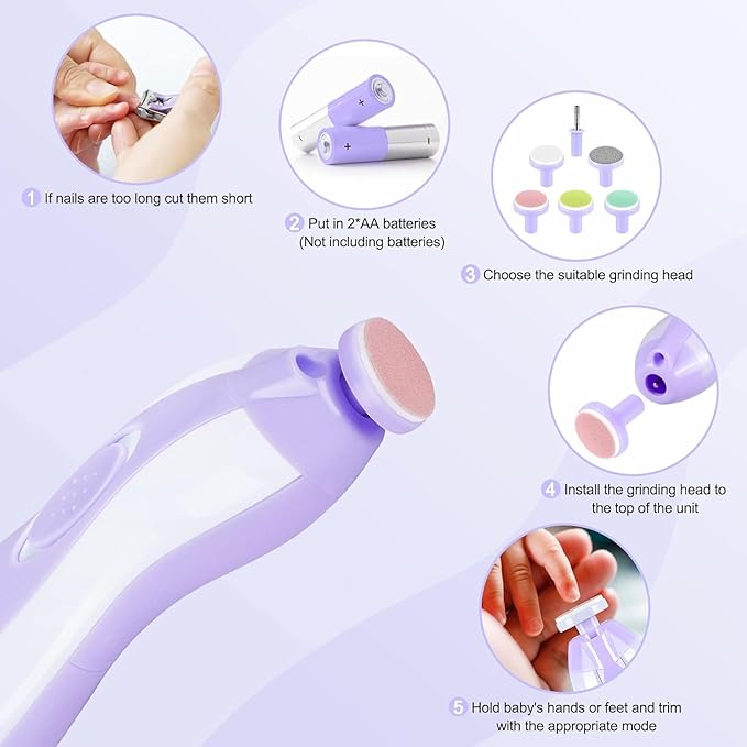 Qunlions life Baby Nail Trimmer Electric, 6 in 1 Baby Nail File Clippers Infant Grooming Kit Manicure Set for Toddler or Adults, Purple