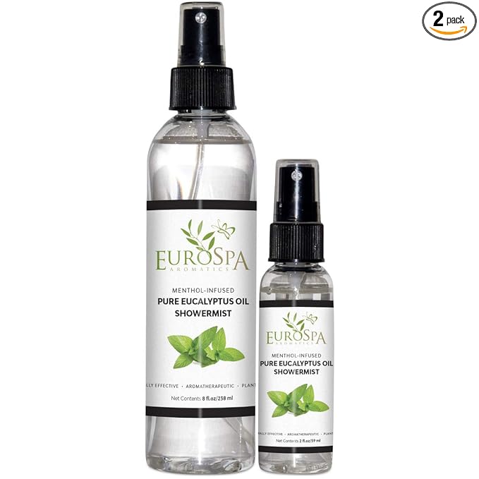 EuroSpa Aromatics Pure Eucalyptus Oil ShowerMist and Steam Room Spray, All-Natural Premium Aromatherapy Essential Oils - Menthol Infused, Duo Pack, 8oz and 2oz