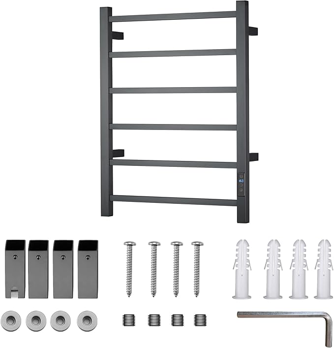 Heated Towel Racks for Bathroom, Wall Mounted Electric Towel Warmer Racks with Timer & Temperature Control, 6 Bar Stainless Steel Towel Heater for Bathroom, Matte Black, Plug-in