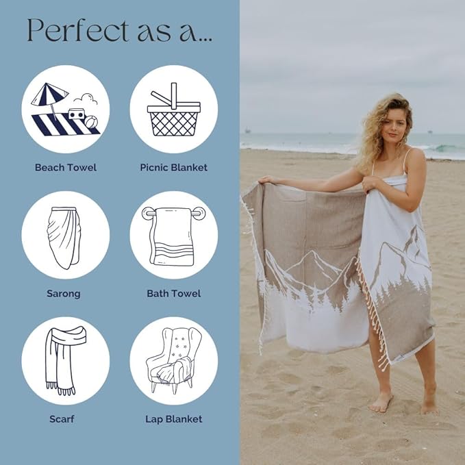 InfuseZen Turkish Towel with Mountain Landscape – 100% Organic Turkish Cotton - Sand Free Quick Dry Beach Peshtemal – Thin Reversible Absorbent Pool Hammam – Plus Size Gym, Travel Fouta (Brown)