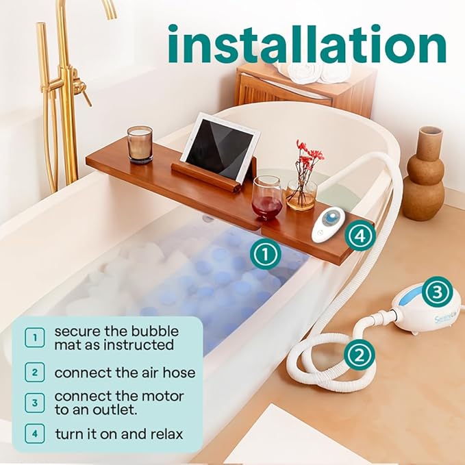 SereneLife Portable Spa Bubble Bath Massager - Relaxing Spa Non-Slip Mat with Suction Cup Bottom, Motorized Air Pump, Adjustable Bubble Settings and Remote Control, 47” x 14.2”
