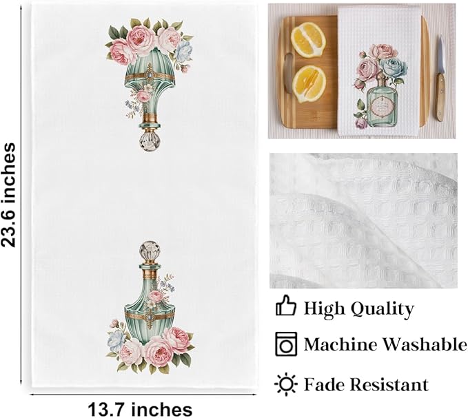 2pcs Vintage Rose and Perfume Bottle Floral Kitchen Towels, Multifunctional Absorbent Lightweight Microfiber Towel, Perfume Lover Gift, Suitable for Home Kitchen Dinner Wedding Gift, Home Decor