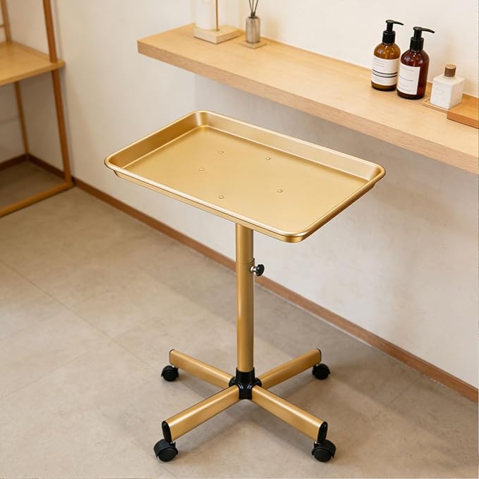 Salon Rolling Tray, Height Adjustable Tattoo Tray Rolling Cart, Storage Utility Trolley for Spa, Beauty Salon Service, Hairdresser Cart with Wheels, Black (Gold)