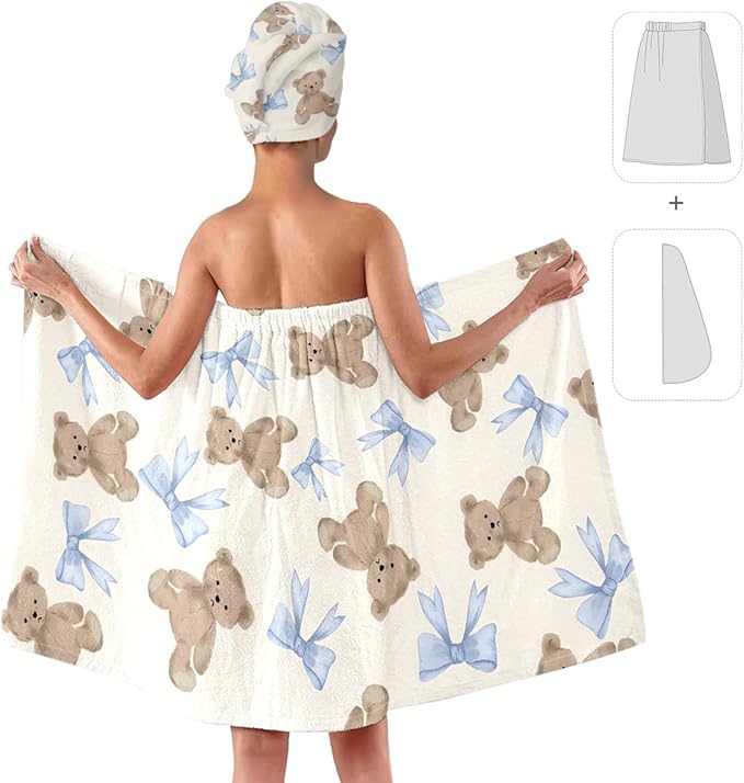 Bow and Teddy Bear Bath Wrap with Hair Drying Towel, Microfiber Shower Skirt and Quick Dry Turban for Women Girls Dorm Spa Gym Travel (Bow 3)