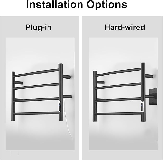 Electric Towel Warmer with Built-in Timer - Wall Mounted Bathroom Heated Towel Rack, Plug-in Design & Brushed Stainless Steel Finish Black