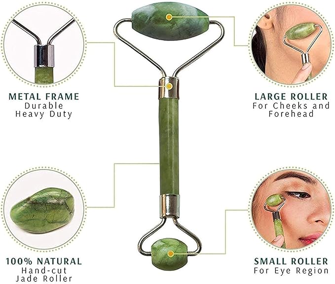 Jade Roller & Gua Sha Set – 100% Natural Jade Stone Face Massager | Cooling Facial Tool for Skin Tightening, Anti-Aging, Puffiness & Lymphatic Drainage | Skincare Gift for Women