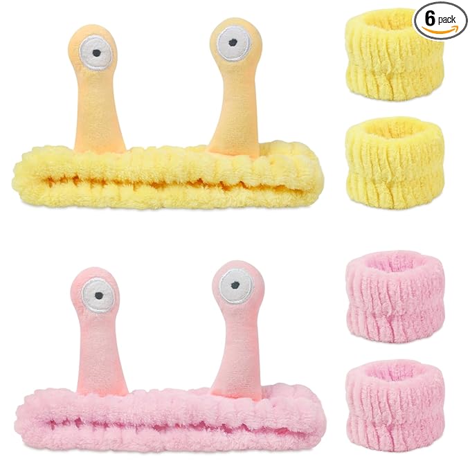 Snail Face Wash Headband Skincare & Wrist Bands for Washing Face Set Cute Spa Headband for Women and Wrist Faces Wash Bands for Shower, Facial Cleaning, Soft Coral Fleece Makeup Headbands,Yellow＆Pink