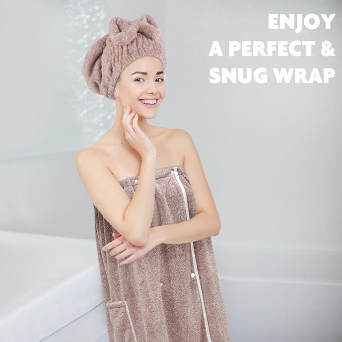SUNLAND Microfiber Women Bath Towel Wrap and Hair Drying Towel Set,Adjustable Soft Body Wraps Dress with Hair Towels, Super Absorbent to Quick Drying 32 Inch x 60 Inch