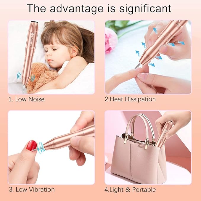 COSITTE Electric Nail Drill, USB Electric Nail Drill Machine for Acrylic Nails, Portable Electrical Nail File Polishing Tool Manicure Pedicure Efile Nail Supplies for Home and Salon Use, Gold