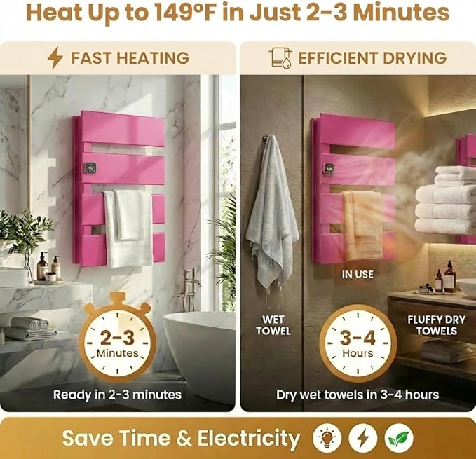 Electric Towel Warmer, Heated Towel Rack with Thermo Control and Timer, Fast Heating Towel Rail for Bathroom with Memroy Function, Work with Smart Plug, Left-Wiring, 4 Panel, Pink