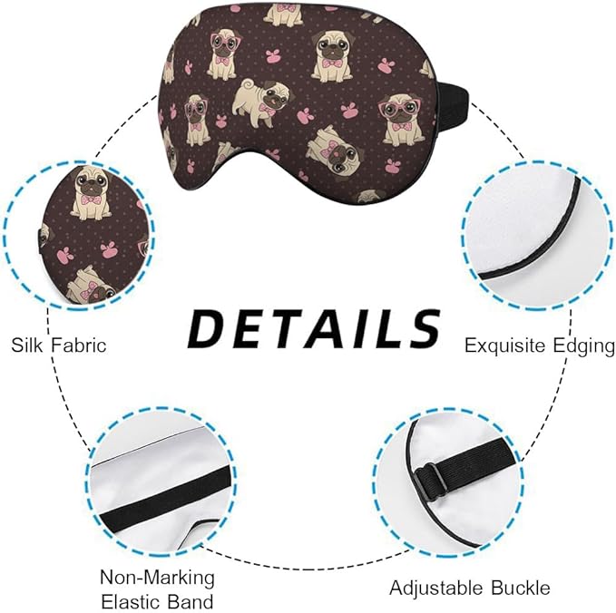 Cartoon Pug Sleep Mask Eye Mask Puppy Bow Tie Glasses Dog Animal Sleep Mask Light Blocking Adjustable Smooth Soft Eye Masks for Women Deep Rest Travel
