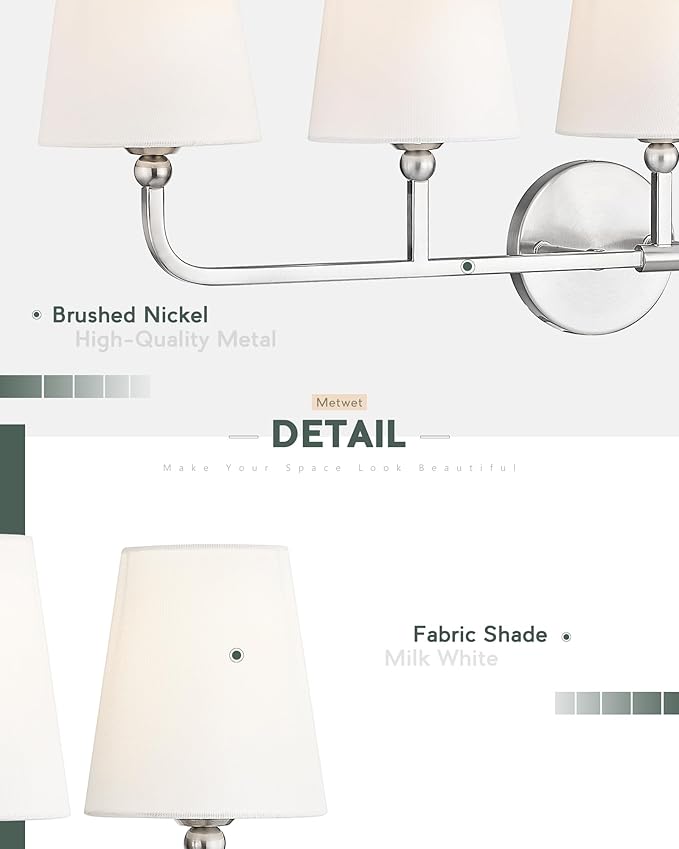 Bathroom Light Fixtures, 5 Light Brushed Nickel Vanity Lights with Flared White Fabric Shade, 35 Inch Wall Sconce, Modern Sconces Wall Lighting for Hallway Bedroom, VL837-BN-5