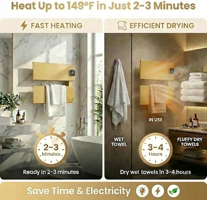 Electric Towel Warmer, Heated Towel Rack with Thermo Control and Timer, Fast Heating Towel Rail for Bathroom with Memroy Function, Work with Smart Plug, Right-Wiring, 2 Panel, Gold