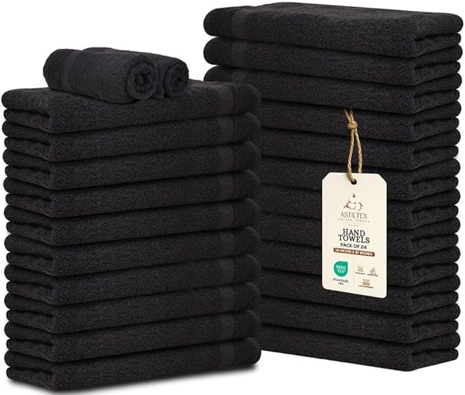 Premium 100% Cotton Hand Towels – Pack of 24, 16x27 Inch – Quick-Dry, Highly Absorbent Salon Towels for Hair Care, Gym, Spa & Bathroom – Black