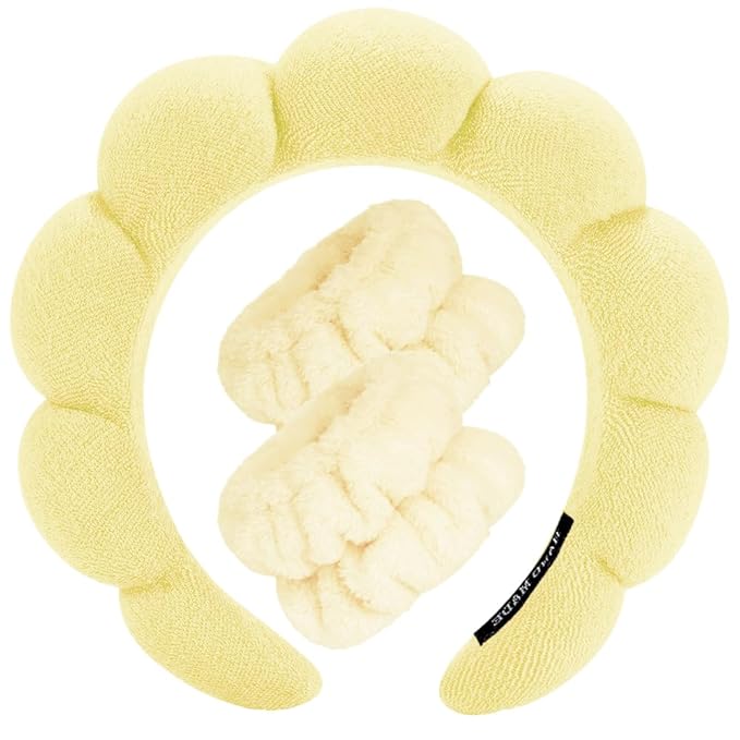 Spa Headbands for Washing Face Wristband Set Sponge Makeup Skincare Headband Wrist Towels Bubble Soft Terry Towel Cloth Hairband for Women Puffy Headwear Non Slip Thick Thin Hair Headwear (Yellow)