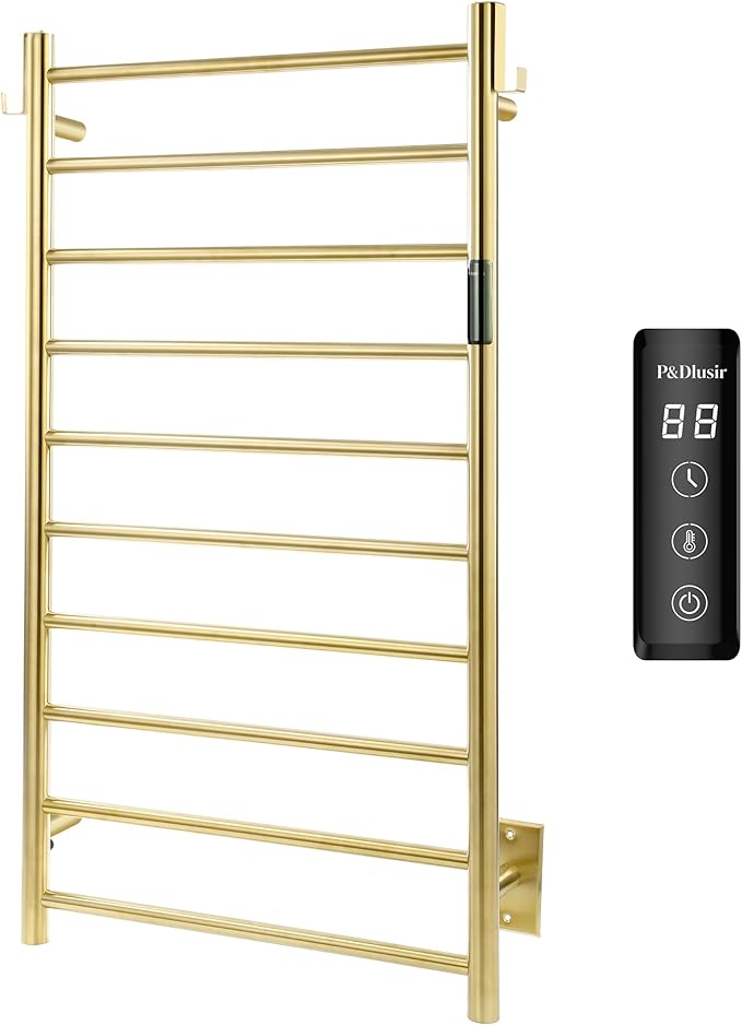 P&Dlusir Towel Warmer, Heated Towel Rack with Smart Timer and Thermo Control, Wall-Mounted Heated Towel Rail, Stainless Steel, Hard-Wired/Plug-in, Brushed Gold, 10 bar