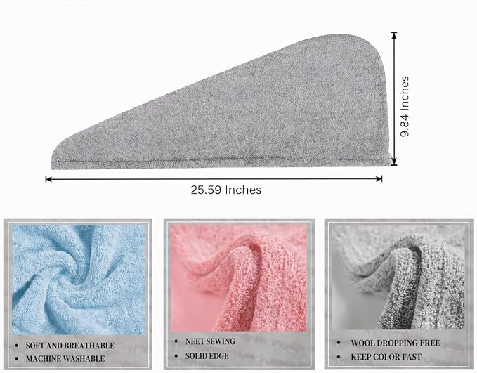 KELVO Microfiber Hair Towel Wrap for Women, 350 GSM Quick-Dry Hair Turban, Soft Anti-Frizz Towel for Curly, Long & Thick Hair, Lightweight Fast-Drying Head Wrap. (3 Gray (Solid, Stripes,Chess))
