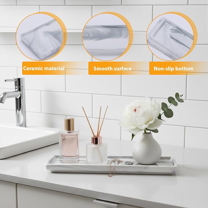 Bathroom Counter Organizer, 9.3"x3.7" Ceramic Bathroom Tray, Rectangle Decorative Tray Vanity Tray, Candles Perfume & Jewelry Storage for Spa, Bedroom, Kitchen (Marble Gray)