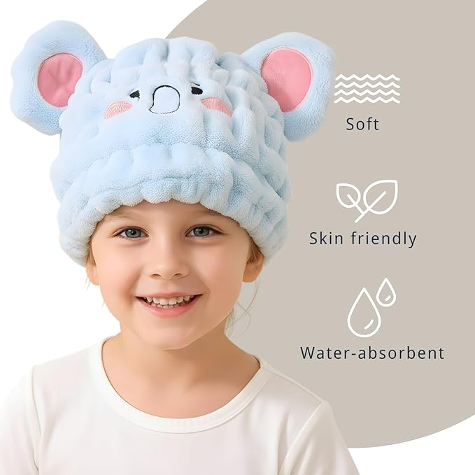Microfiber Hair Towel Wrap for Kids, Blue Elephant Dry Hair Cap Suck Water, Absorbent Quick Girls Boys Hair Drying Towel, Lightweight Bouncy Hat Headscarf