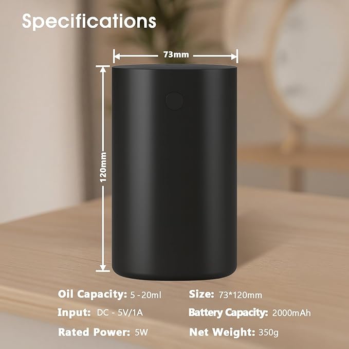 Waterless Essential Oil Diffuser, Rechargeable Cordless Scent Diffuser Machine, 20mL (0.7oz) Capacity, 4 Mist Levels & 4 Countdown Timers, Cup Holder Car Diffuser for Home Bedroom Office, Black