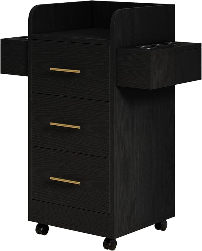 4ever2buy Rolling Salon Station for Hair Stylist, Salon Trolley Cart with with Wheels, Hair Stylist Beauty Barber Station, 6 Hair Dryer Holders & 3 Drawers, Black and Gold