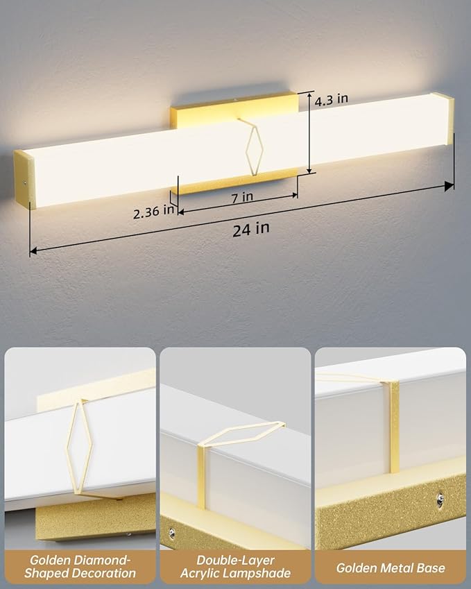 Bathroom Light Fixtures Over Mirror,Bathroom Vanity Light,24inch Dimmable 25W 2500lm,Gold LED Vanity Lights,5700K Daylight LED Lighting Fixture,ETL Certified