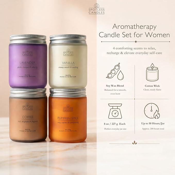 Candles for Women - 4 x 8oz Colored Glass Jars (3.7" H x 2.87" Dia) Mixed Set of Classic Scents Pumpkin Spice, Coffee, Vanilla, Lavender, 200 Hours Burn Time, Classic Candle Set by Spotless Leopard