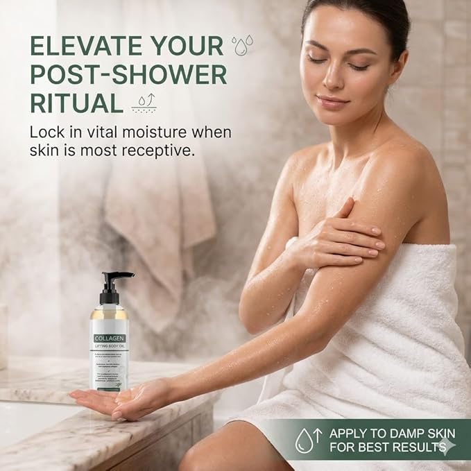 Elycura Collagen Lifting Body Oil for Skin, Lightweight Non Greasy After Shower Body Care, Helps Soften Crepey Skin, Hydrating Moisturizing Body Oil for Firmer Smoother Looking Skin, 3.38 Fl Oz