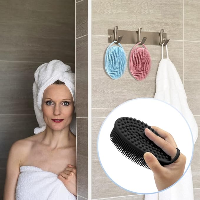 PQRUU 3 Pack Silicone Body Scrubber, Exfoliating Soft Loofah, Scrubber Fit for Sensitive and All Kinds of Skin, Clean Sanitary, Rapid Foaming Black+Blue+Pink