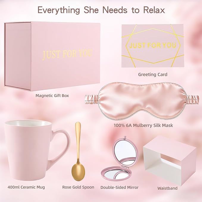 Gift Set for Mom – 100% 6A Mulberry Silk 19 Momme Eye Mask with Mug, Spoon & Mirror, Self Care Relaxation Gifts for Mom, Wife, Girlfriend