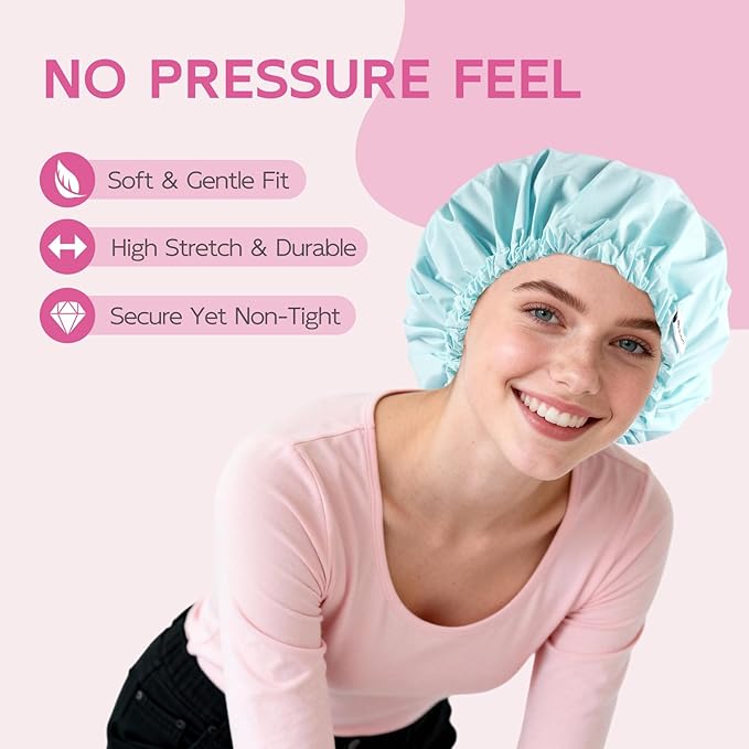 Years Calm Shower Cap for Women Waterproof Reusable – 27g Ultra Lightweight Double-Layer Shower Bonnet, Secure Fit for Long, Curly Hair, Travel & Spa (Blue)