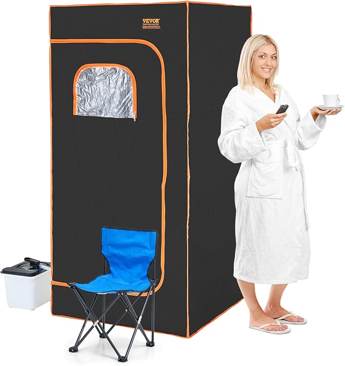 VEVOR Portable Steam Sauna Tent Full Size, 1600W with Visible Window, Personal Sauna Kit for Home Spa, Soothing Heated Body Therapy,Time&Temperature Remote Control with Chair,Black, 2.9’x 2.9’x 5.8’
