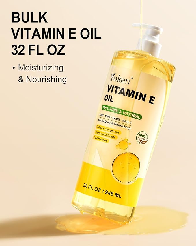 Yoken Vitamin E Oil 32 Fl Oz Vitamin E oil for Skin Bulk Vitamine oils for Face Perfect DIY Bath and Body Oil Cold Pressed Hexane Free Non-GMO Gluten Free Formula