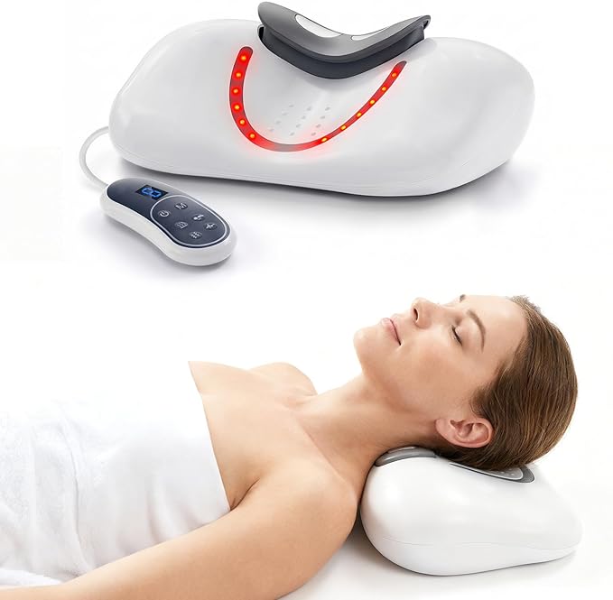 4-in-1 Shiatsu Neck & Back Massager with Heat, Vibration, EMS & Airbag Traction, Portable Cordless Electric Massage Pillow Ergonomic Design for Deep Tissue Pain Relief Muscle Relax