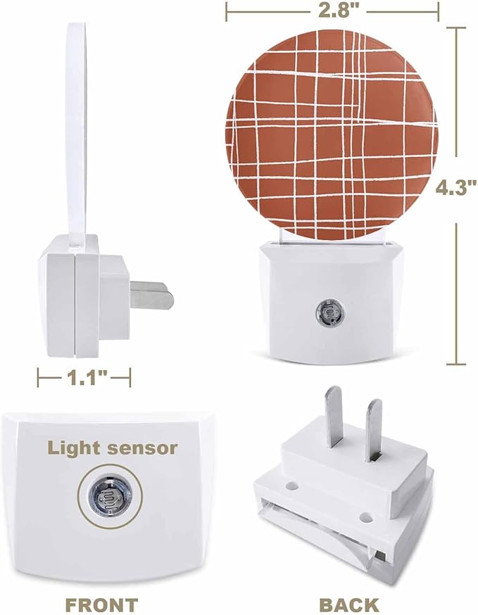Night Lights Auto Sensor Orange Checked Plaid Night Light Minimalist Grid Lines Round Lamp Plug-in LED Nightlights Dusk to Dawn for Living Room Bedroom Bathroom Hallway Wall Decor