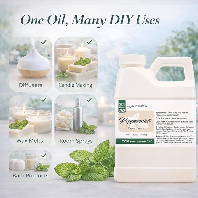 GreenHealth Peppermint Essential Oil – 16 fl oz | 100% Pure & Uncut | Heavy-Duty Plastic Jug | FDA Compliant, Space-Saving Container | for Aromatherapy, Soap, Candles, Cleaning, DIY