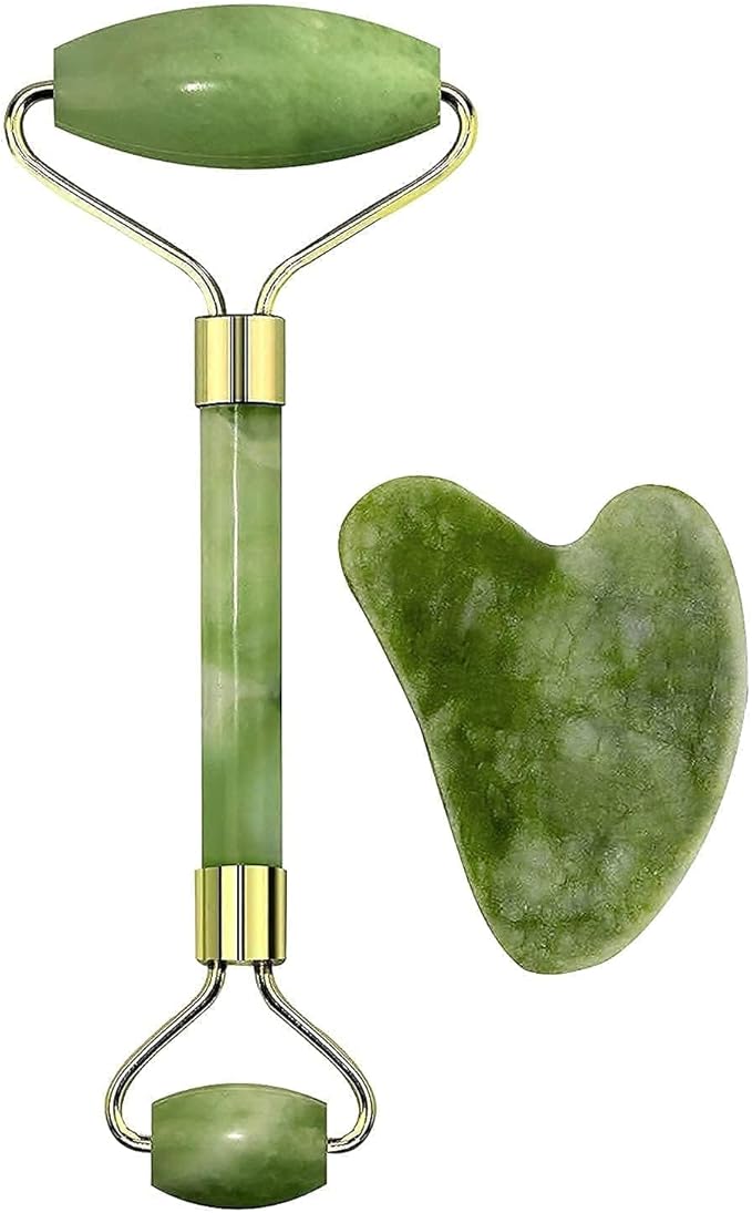 Jade Roller & Gua Sha Set – 100% Natural Jade Stone Face Massager | Cooling Facial Tool for Skin Tightening, Anti-Aging, Puffiness & Lymphatic Drainage | Skincare Gift for Women