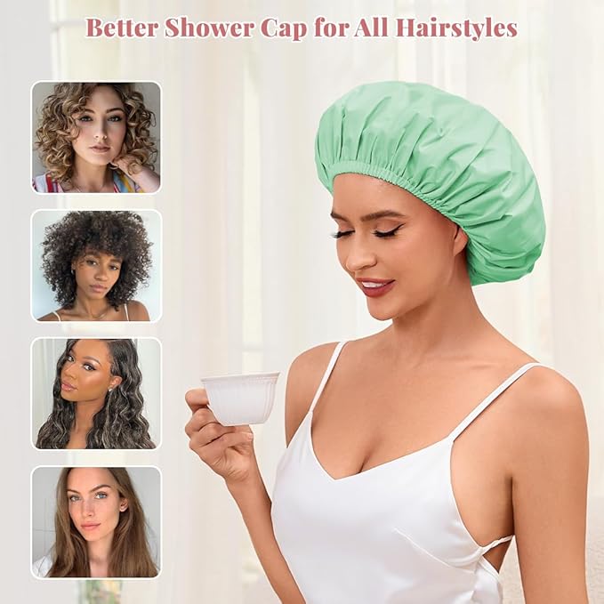 Shower Cap for Women Waterproof Reusable, Large Shower Cap Non-Slip with Elastic Band, Washable Bath Hair Hat for Long Hair, Braids (Mint Green)