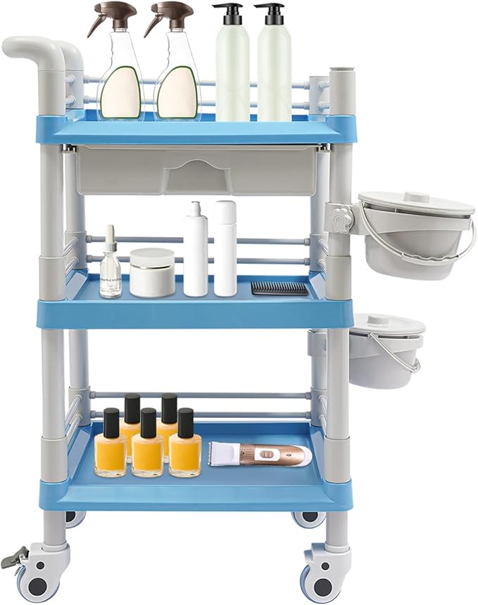 Salon Storage Cart, 3 Tier Rolling Beauty Organizer with 2 Garbage Baskets & 1 Drawer, 80kg/176.37lbs Capacity, Movable Storage Trolley for Beauty Salon SPA (Blue)